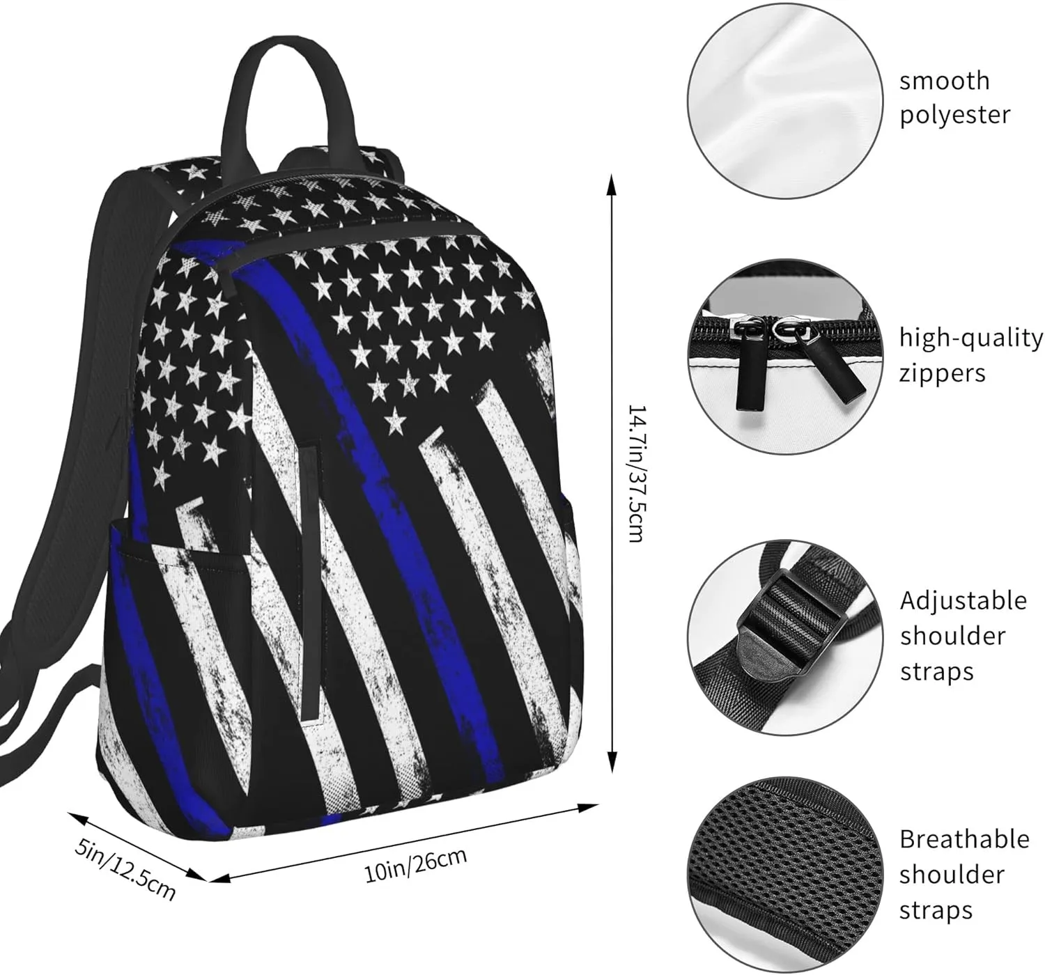 SWEET TANG Backpack for American Thin Blue Line Flag Police pattern black Bookbag