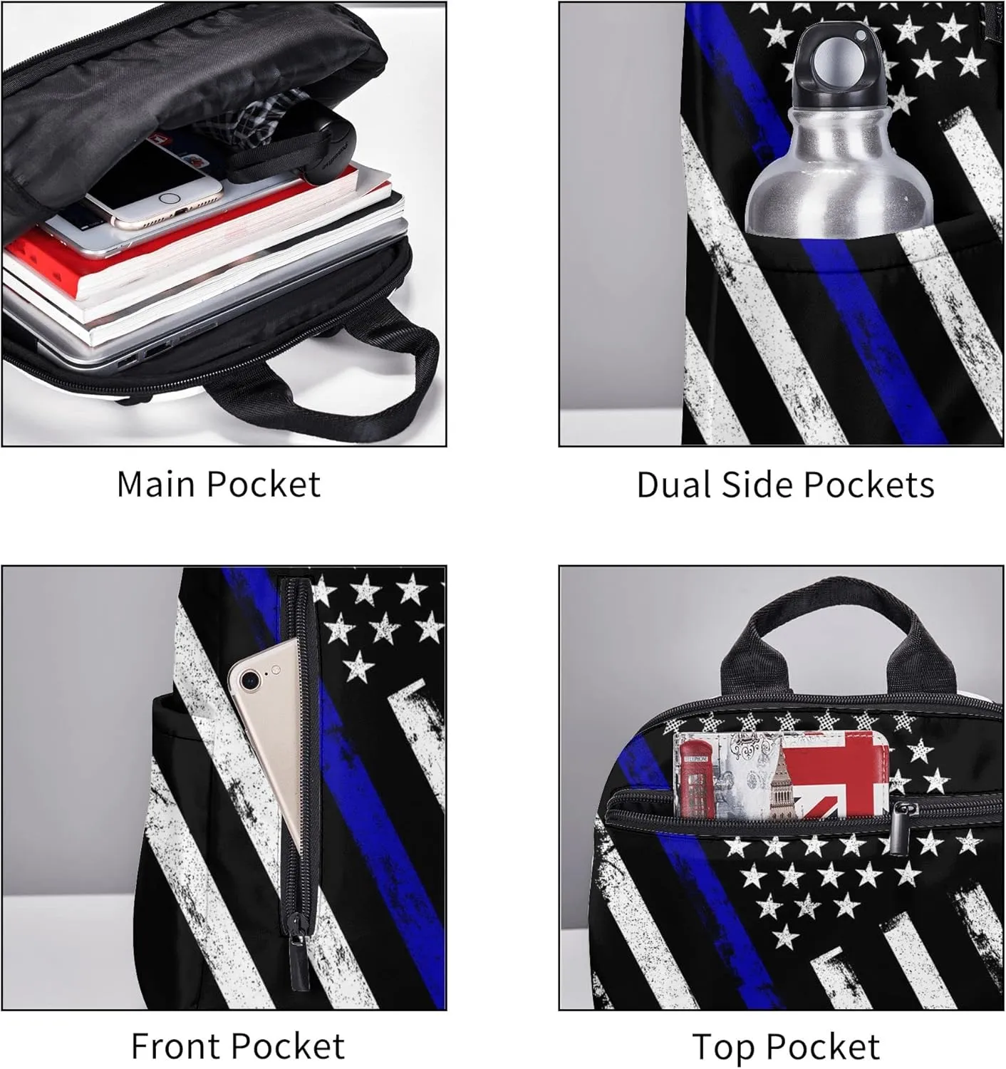 SWEET TANG Backpack for American Thin Blue Line Flag Police pattern black Bookbag