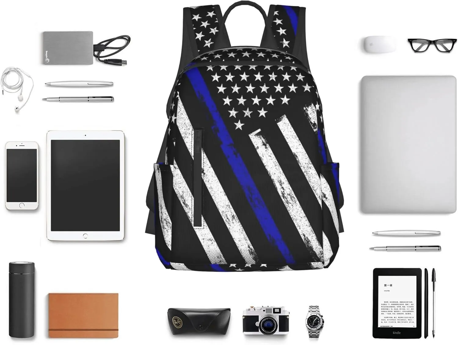 SWEET TANG Backpack for American Thin Blue Line Flag Police pattern black Bookbag