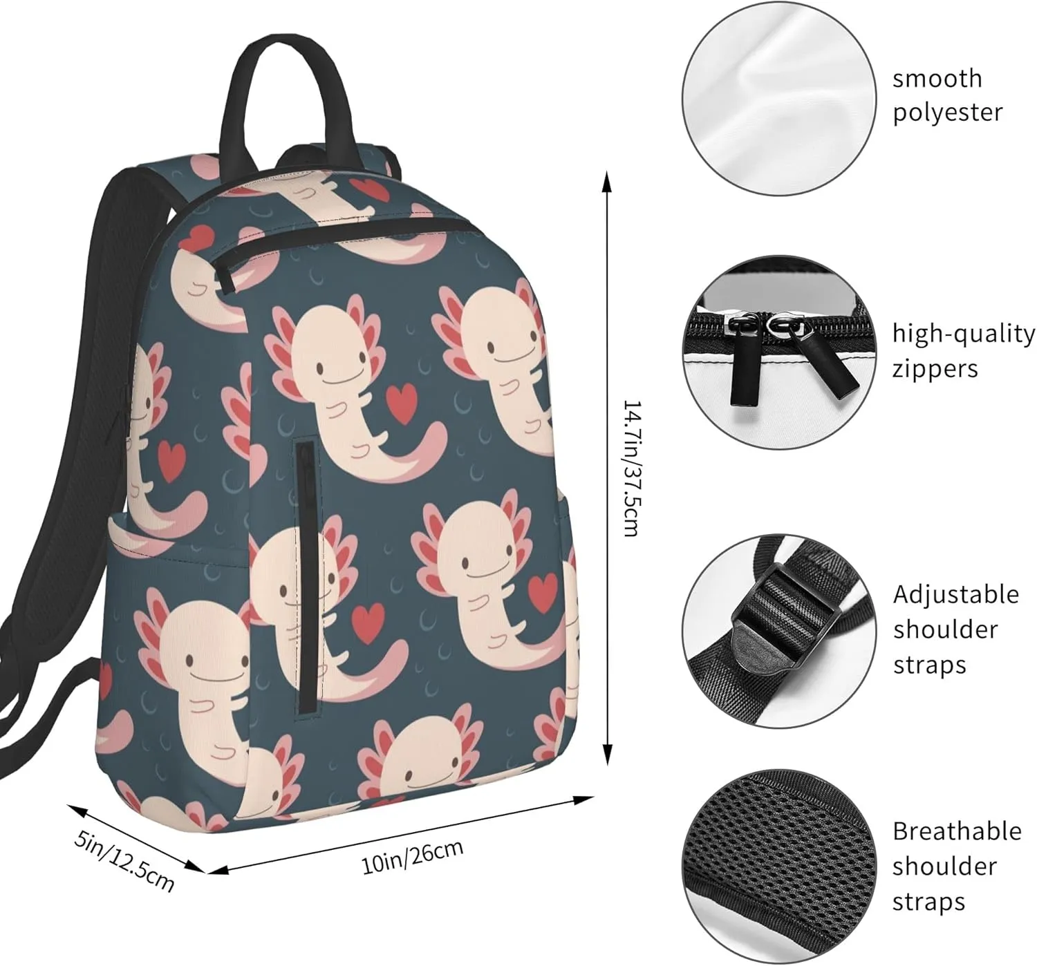 SWEET TANG Backpack Lightweight Bookbag Casual Sackpack (Axolotls Hearts And Bubbles)