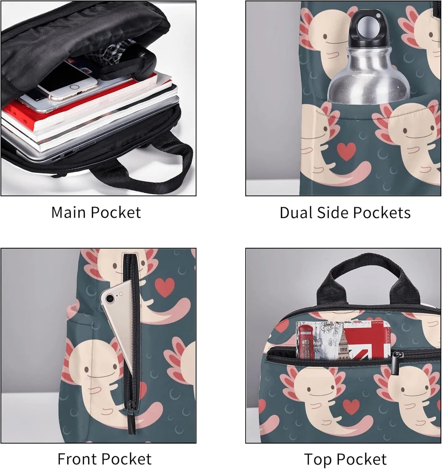 SWEET TANG Backpack Lightweight Bookbag Casual Sackpack (Axolotls Hearts And Bubbles)