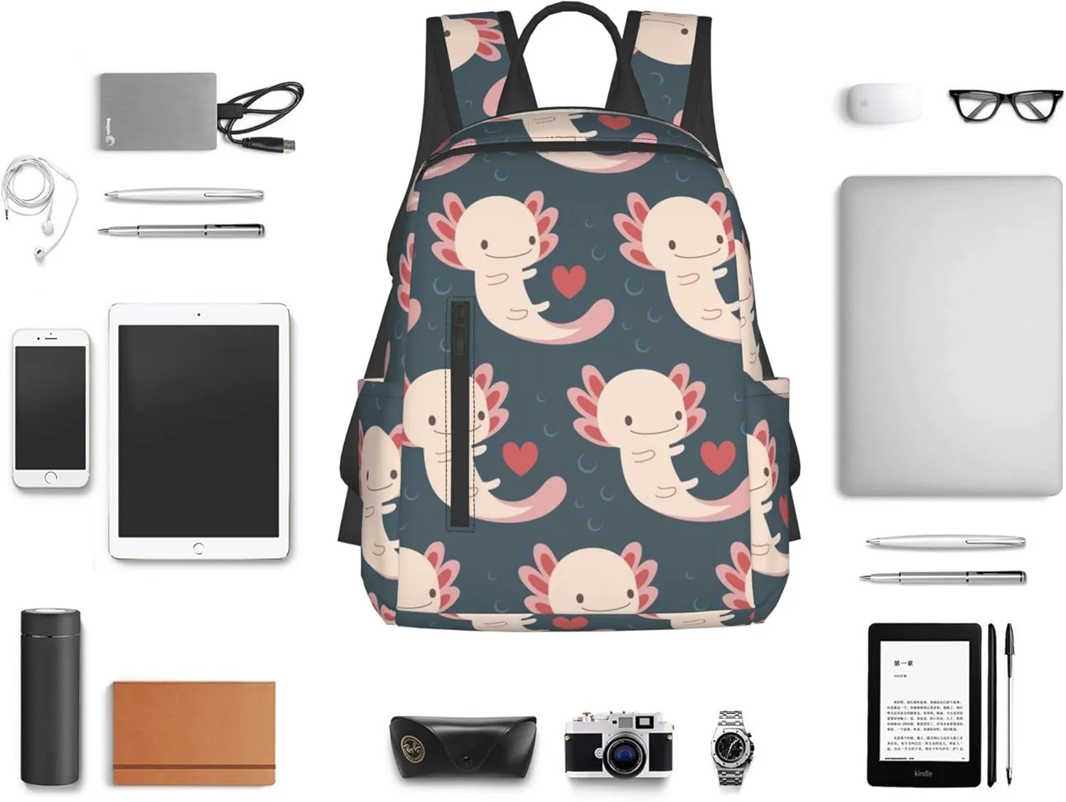 SWEET TANG Backpack Lightweight Bookbag Casual Sackpack (Axolotls Hearts And Bubbles)