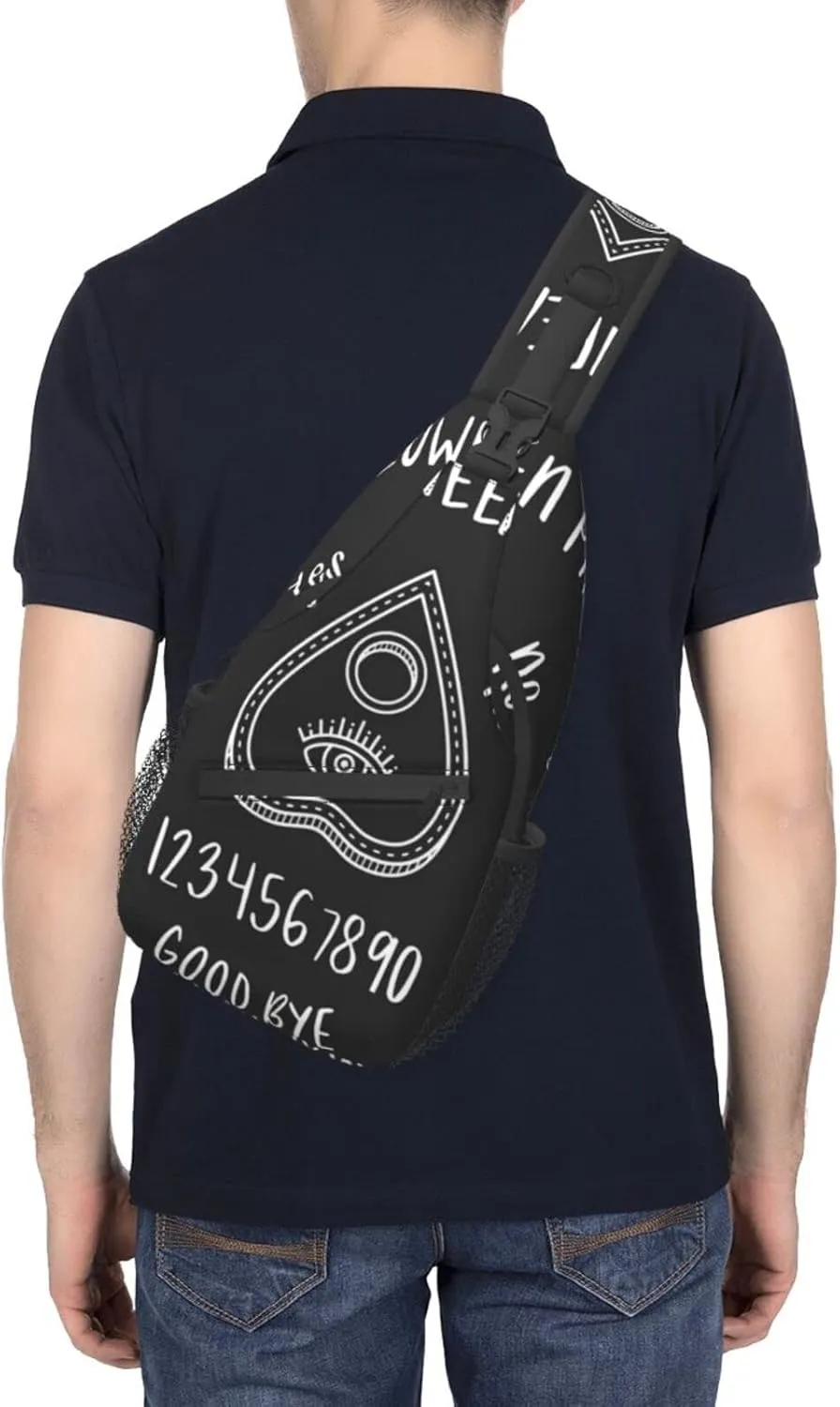 Sweet Tang Men's Sling Bag, Halloween Board Planchette Backpack with Eye of Providence, Durable Polyester, Adjustable Strap, 15 x 3.5 x 7.5 Inches