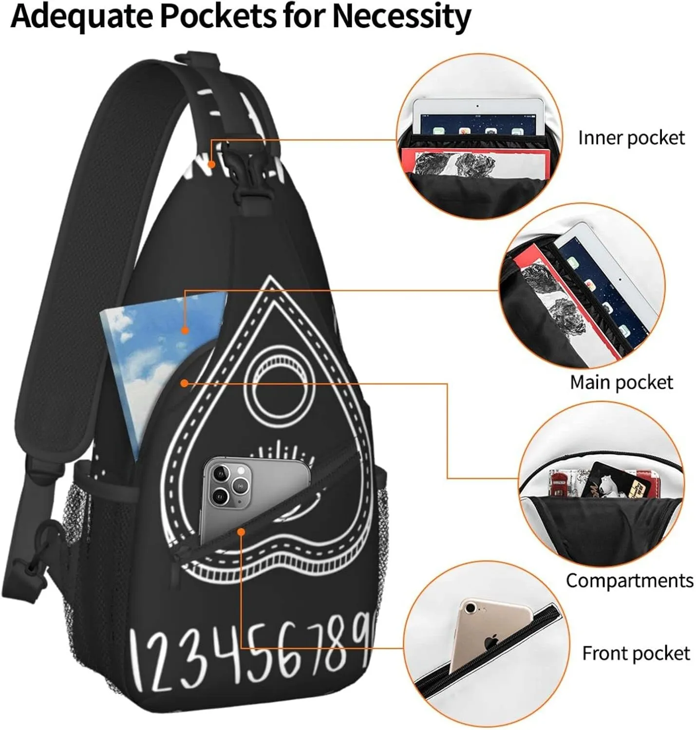 Sweet Tang Men's Sling Bag, Halloween Board Planchette Backpack with Eye of Providence, Durable Polyester, Adjustable Strap, 15 x 3.5 x 7.5 Inches