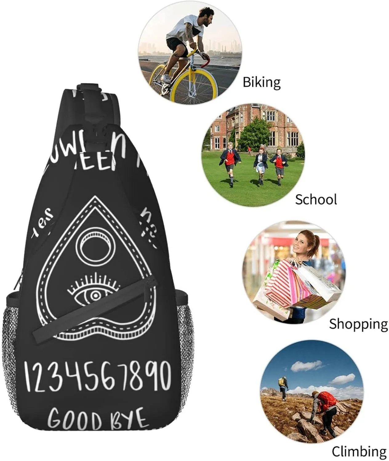 Sweet Tang Men's Sling Bag, Halloween Board Planchette Backpack with Eye of Providence, Durable Polyester, Adjustable Strap, 15 x 3.5 x 7.5 Inches