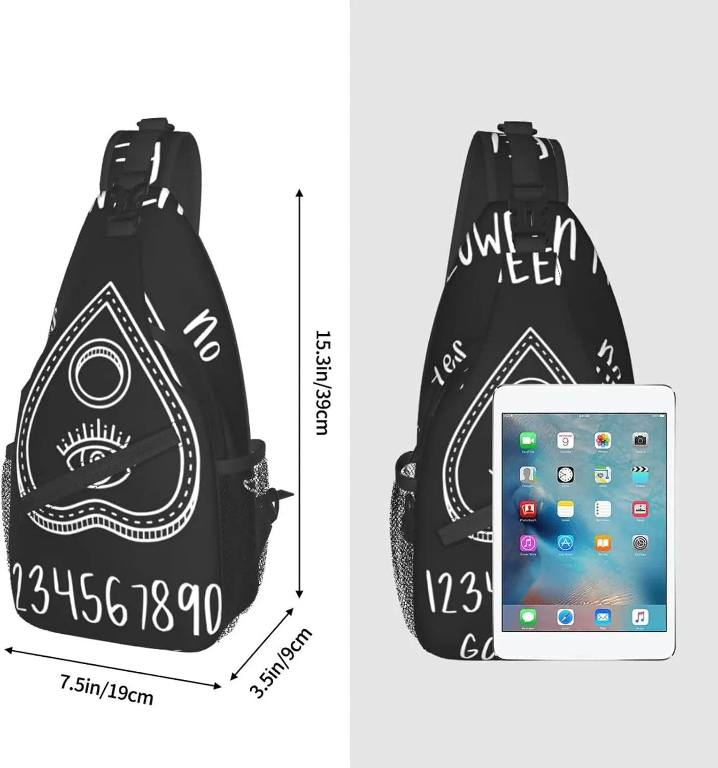 Sweet Tang Men's Sling Bag, Halloween Board Planchette Backpack with Eye of Providence, Durable Polyester, Adjustable Strap, 15 x 3.5 x 7.5 Inches