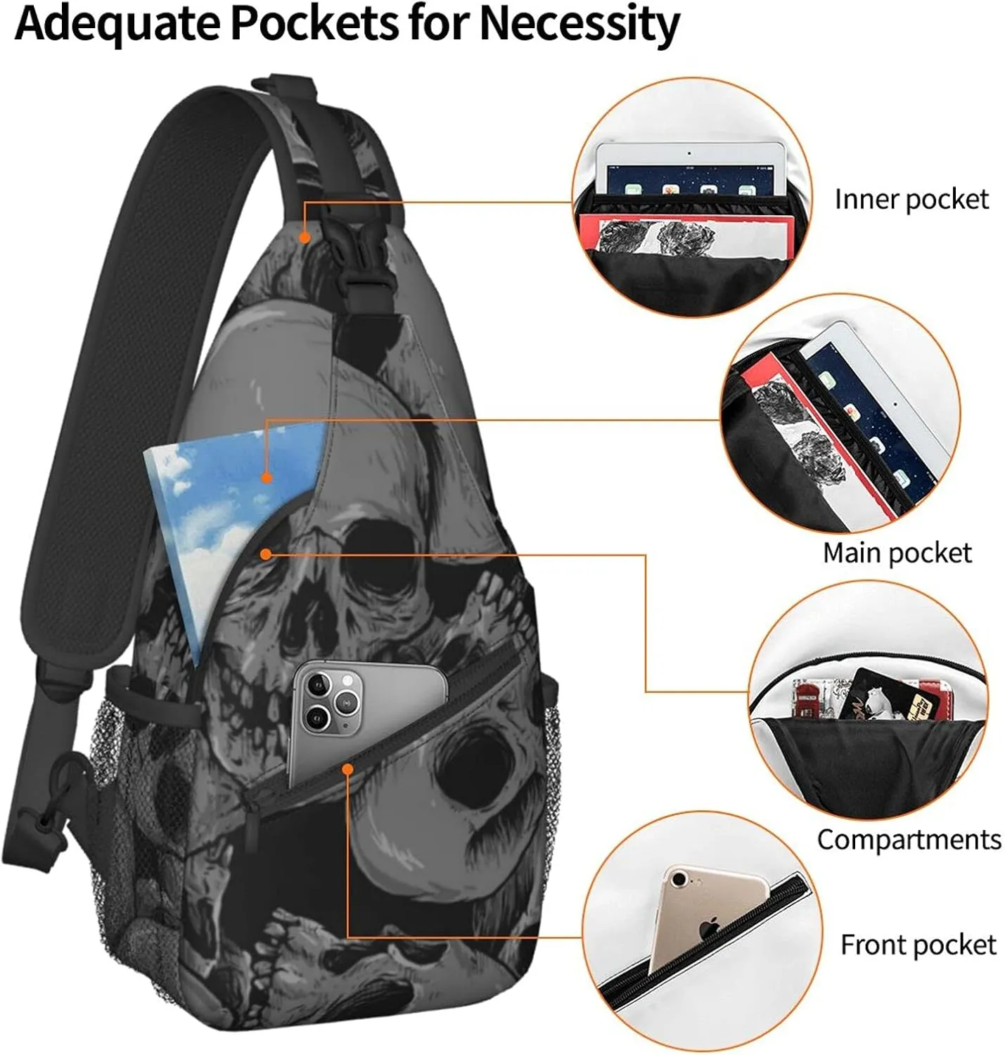 SWEET TANG Shoulder Sling Bag A Lot Of Skulls for Men Boys Multipurpose Unbalance Backpack Gym Bag with Smooth Zipper for Outdoor Sports Activities,One Size