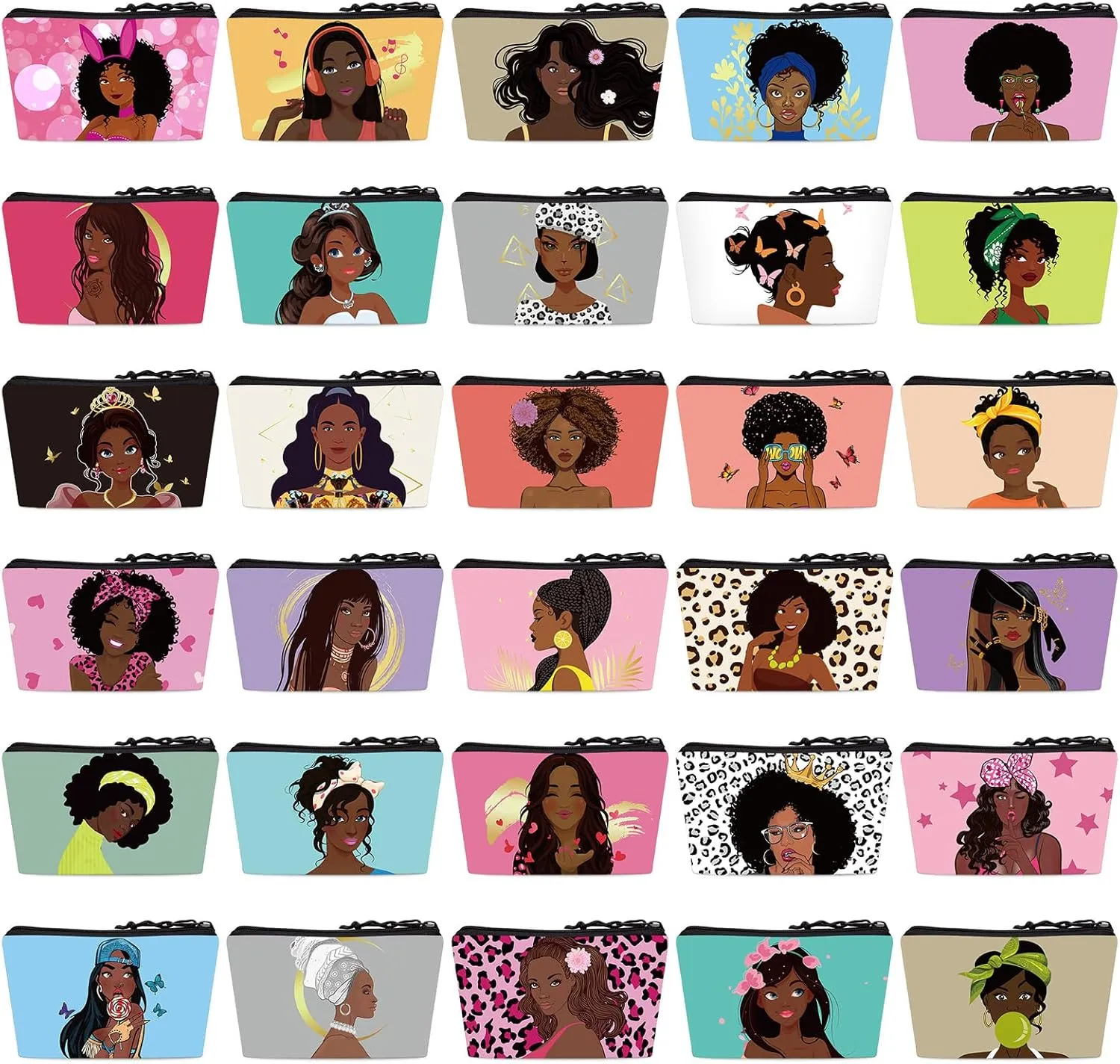 Sweetude 30 Pcs Black Women Cosmetic Bags African American Makeup Bag Reusable Canvas Toiletry Bag Zipper Pouches for Purse Afro Travel Organizer Toiletries Accessories Inspirational Gift