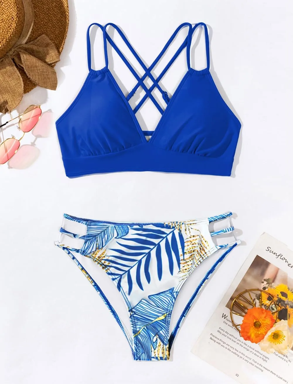Tainehs Women's Push Up V Neck Bikini Sets Criss Cross Back Two Piece Bathing Suit