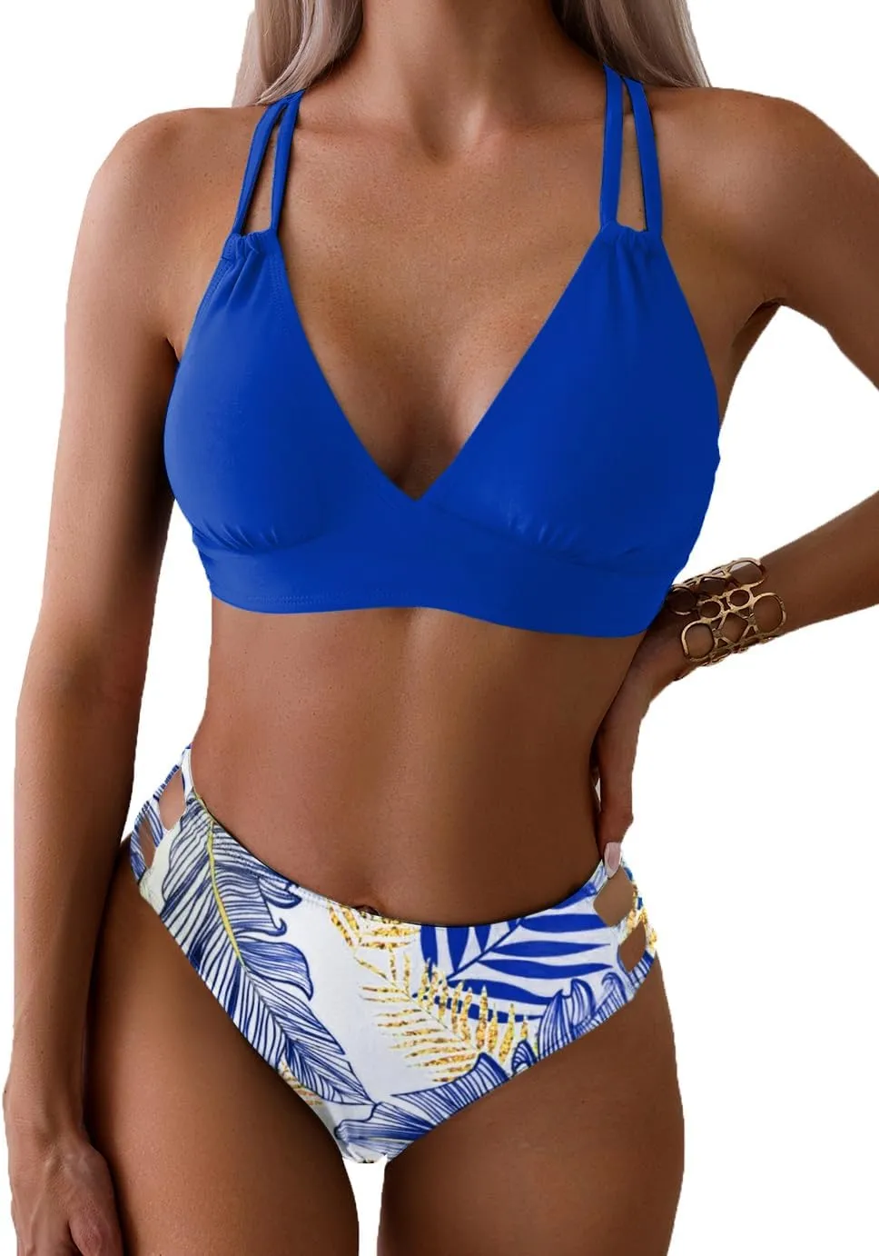 Tainehs Women's Push Up V Neck Bikini Sets Criss Cross Back Two Piece Bathing Suit