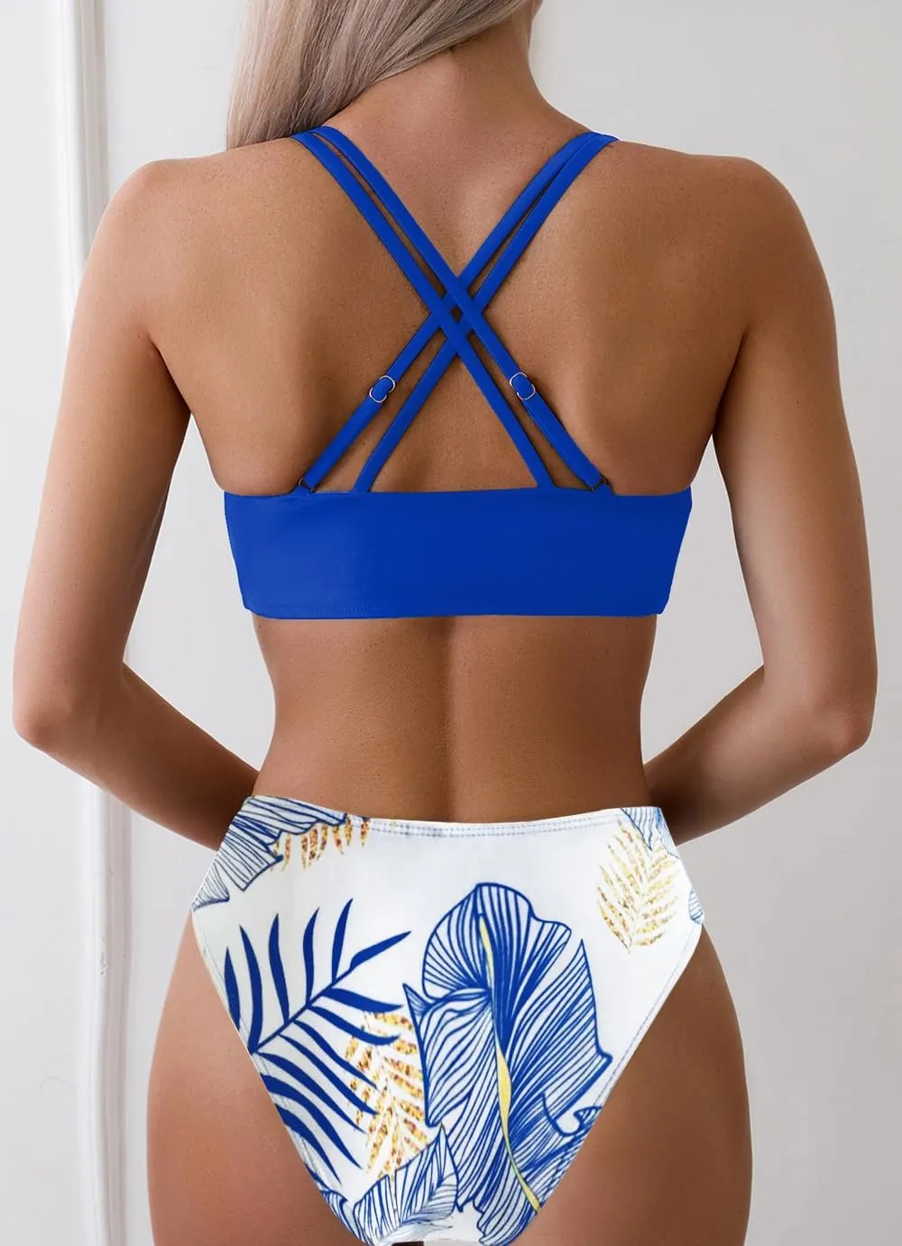 Tainehs Women's Push Up V Neck Bikini Sets Criss Cross Back Two Piece Bathing Suit