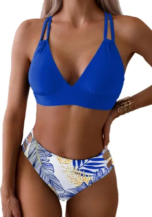 Tainehs Women's Push Up V Neck Bikini Sets Criss Cross Back Two Piece Bathing Suit