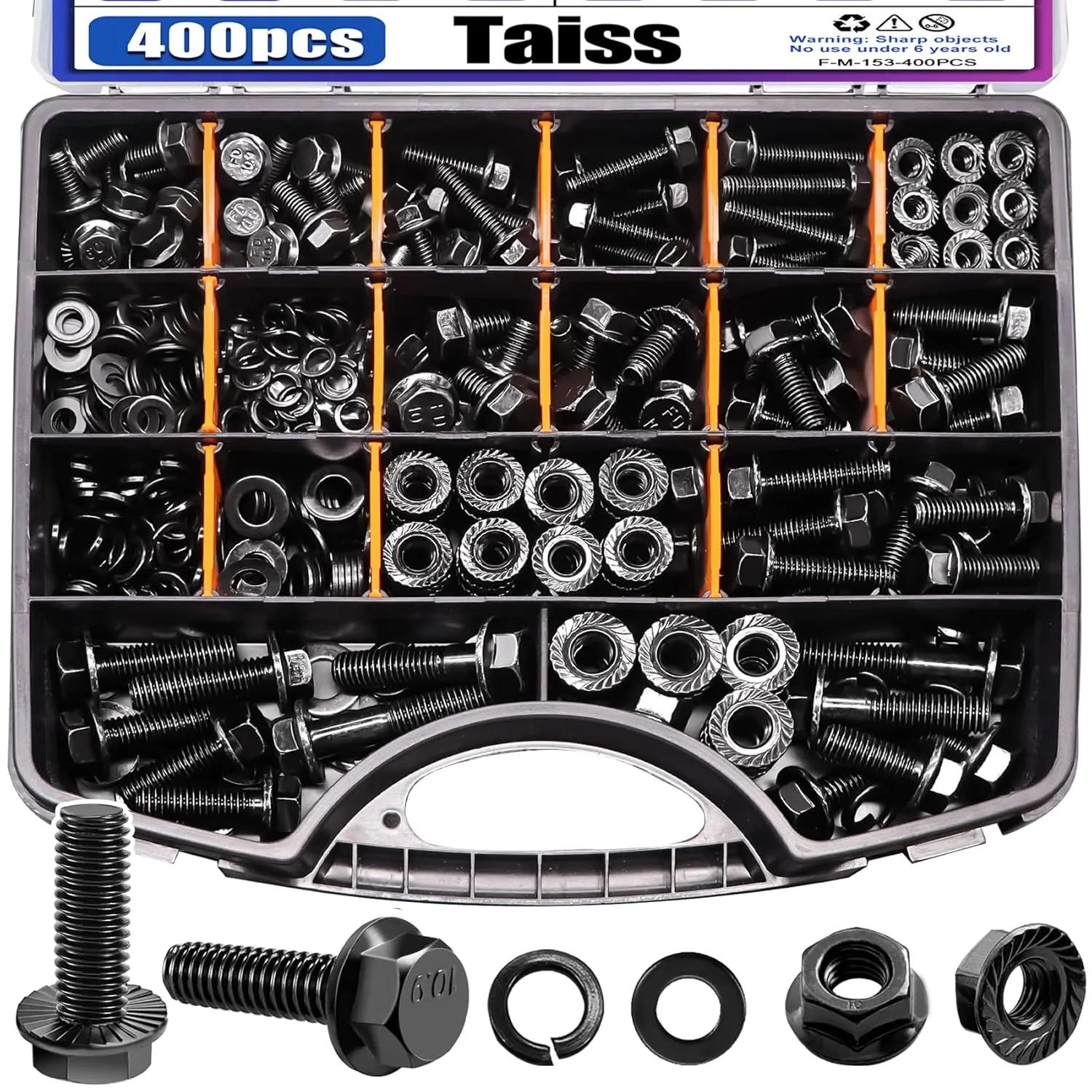 Taiss 400PCS Metric Flange Bolt Assortment kit,M6x1.0 Bolt, M8x1.25 Bolt, M10x1.5 Bolt (12mm to 45mm) 10.9 Black zinc Plating Hex Metric Bolts and Nuts Washers,Metric Bolt Assortment