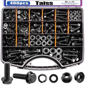 Taiss 400PCS Metric Flange Bolt Assortment kit,M6x1.0 Bolt, M8x1.25 Bolt, M10x1.5 Bolt (12mm to 45mm) 10.9 Black zinc Plating Hex Metric Bolts and Nuts Washers,Metric Bolt Assortment