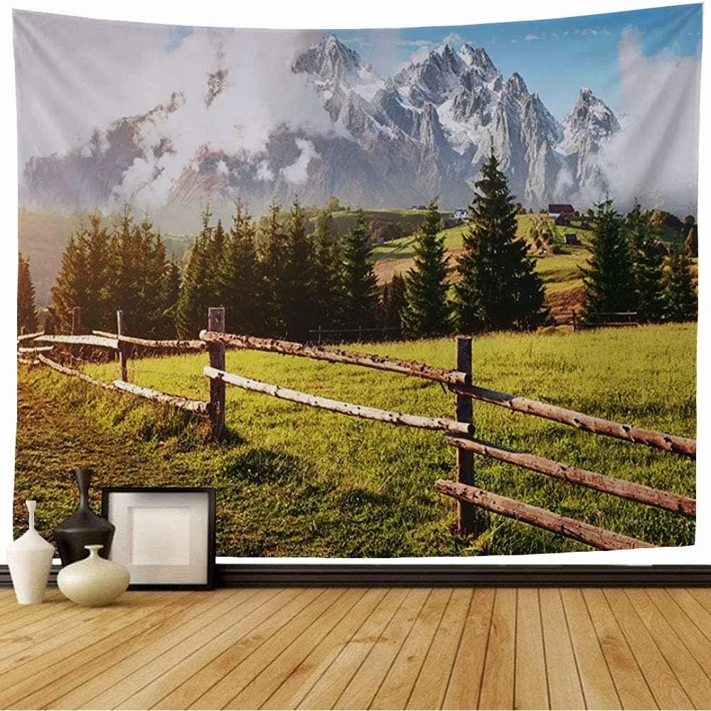 Tapestry Wall Hanging High Alps Season Rock Alpine Mountain Green Tree Meadow Field Pasture Tranquil Summer View Nature Cool Tapestry for Bedroom Wall Decor 80x60 Inch