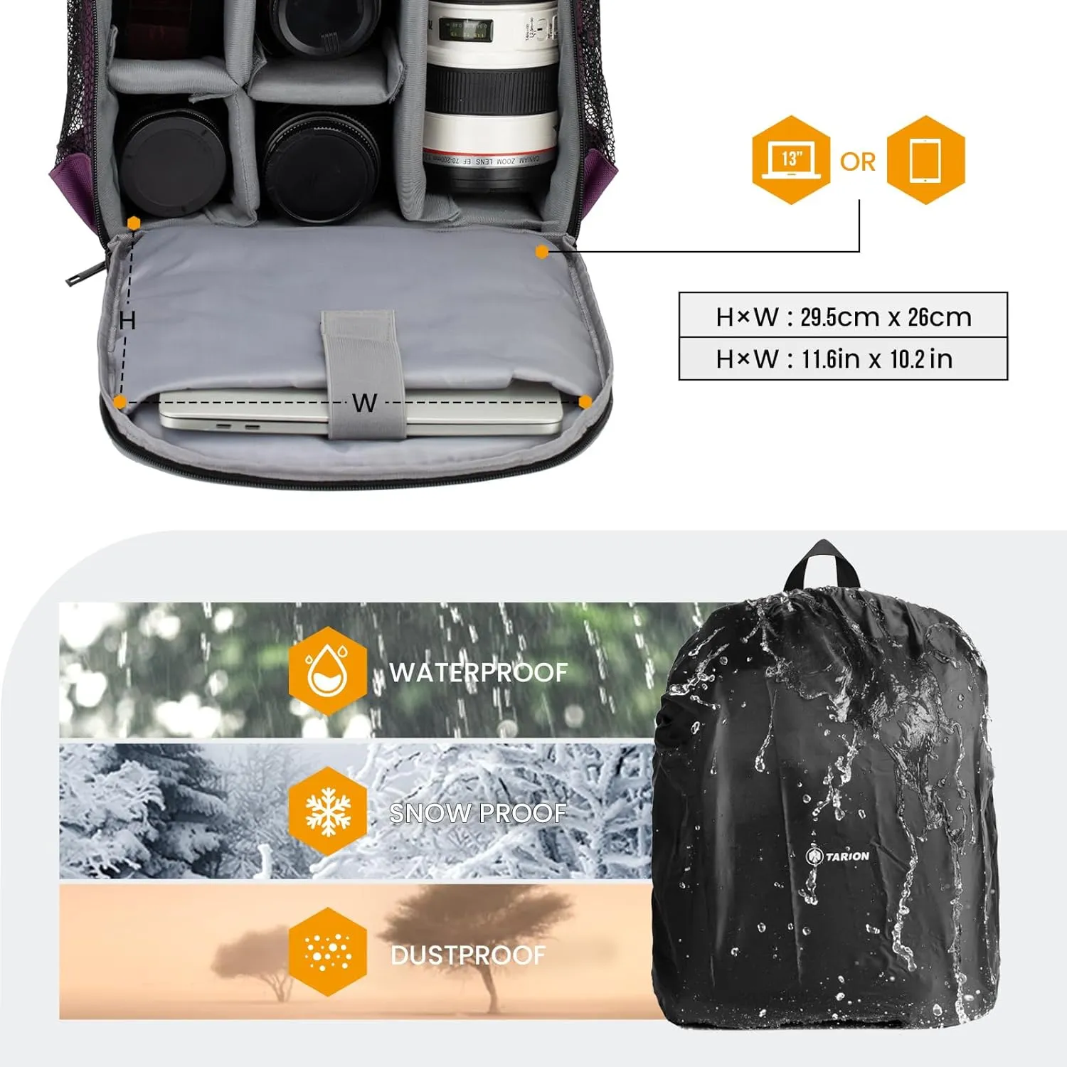 TARION Professional Camera Backpack Case with Laptop Compartment Waterproof Rain Cover for DSLR SLR Mirrorless Camera Lens Tripod Photography Backpack for Women Men Purple TB-S