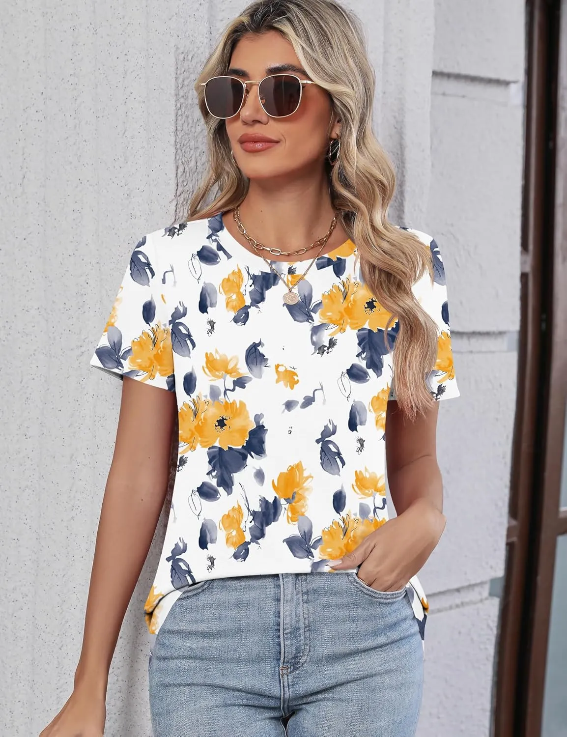 TCOT Women's Tops Summer Short Sleeve Crew Neck Shirts Dressy Casual Blouses for Women S-3XL