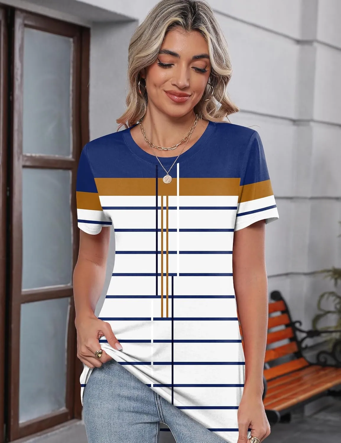 TCOT Women's Tops Summer Short Sleeve Crew Neck Shirts Dressy Casual Blouses for Women S-3XL