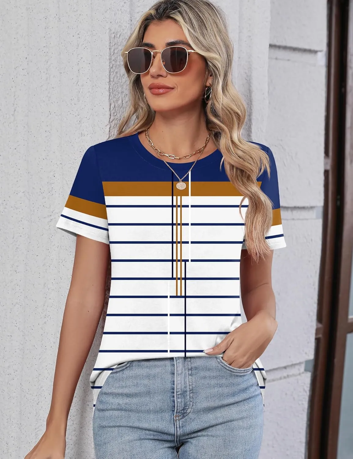 TCOT Women's Tops Summer Short Sleeve Crew Neck Shirts Dressy Casual Blouses for Women S-3XL