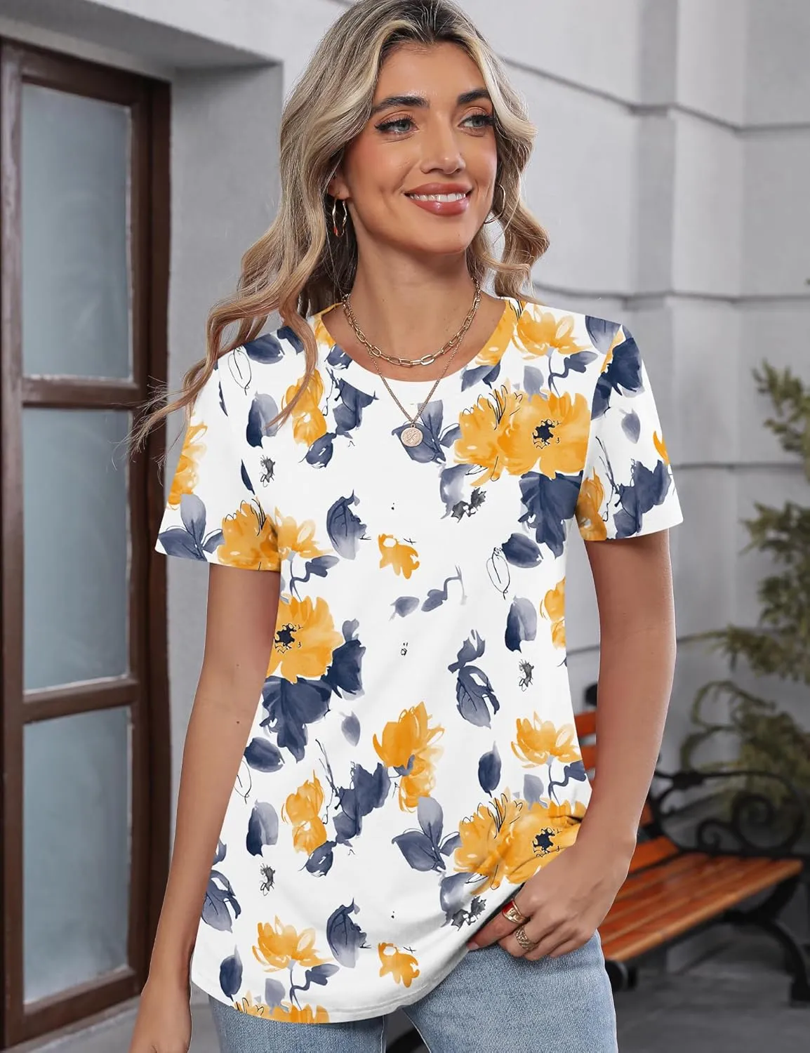 TCOT Women's Tops Summer Short Sleeve Crew Neck Shirts Dressy Casual Blouses for Women S-3XL