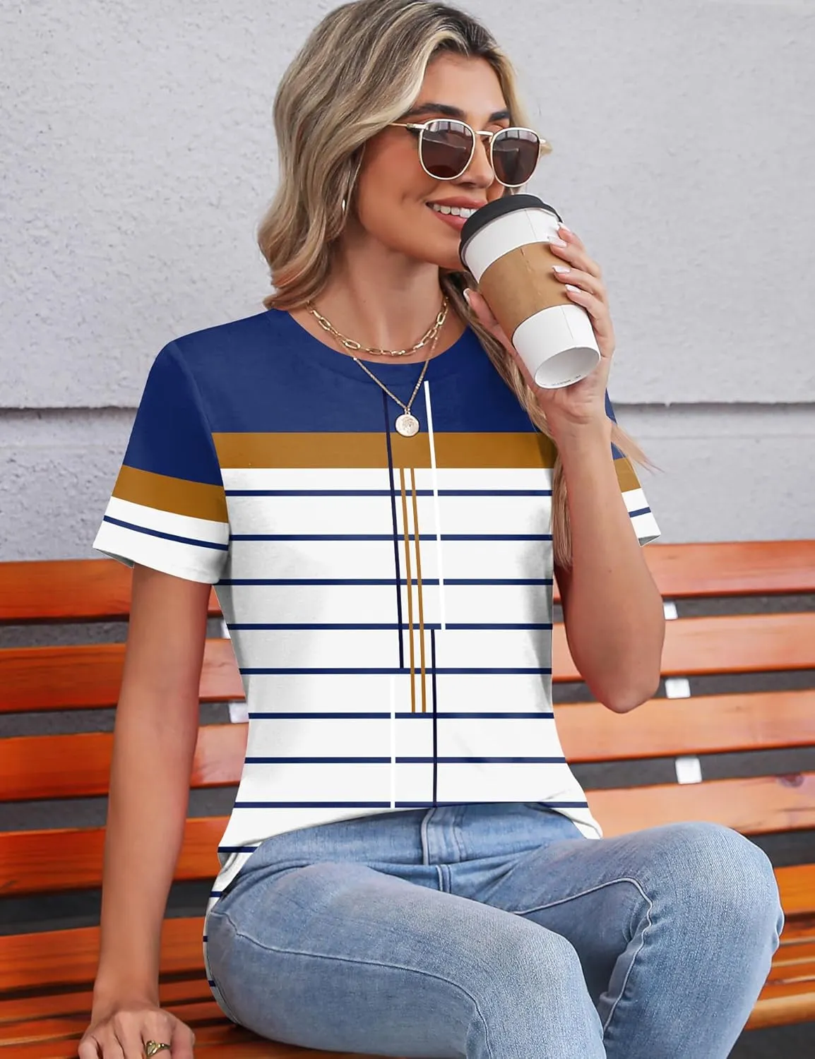 TCOT Women's Tops Summer Short Sleeve Crew Neck Shirts Dressy Casual Blouses for Women S-3XL
