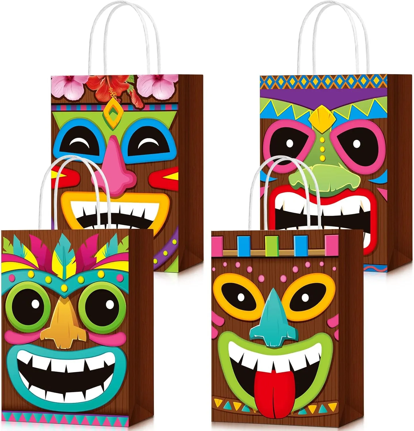 Teling 24 Pcs Hawaiian Aloha Gift Bags Tiki Luau Goodie Candy Treat Bags with Handles Tropical Themed Favors Summer Festival Party Supplies(Luau)