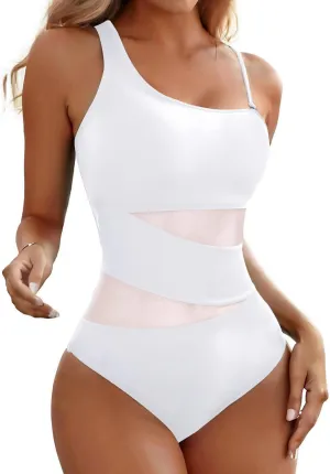 Tempt Me Women One Shoulder One Piece Swimsuits Full Coverage Cutout Mesh Sexy Bathing Suits Tummy Control Swimwear