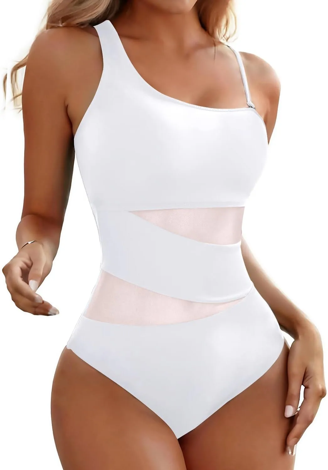 Tempt Me Women One Shoulder One Piece Swimsuits Full Coverage Cutout Mesh Sexy Bathing Suits Tummy Control Swimwear