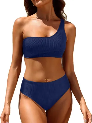 Tempt Me Women Two Piece Swimsuits Ribbed One Shoulder Bikini Sets Mid Waist Bathing Suit