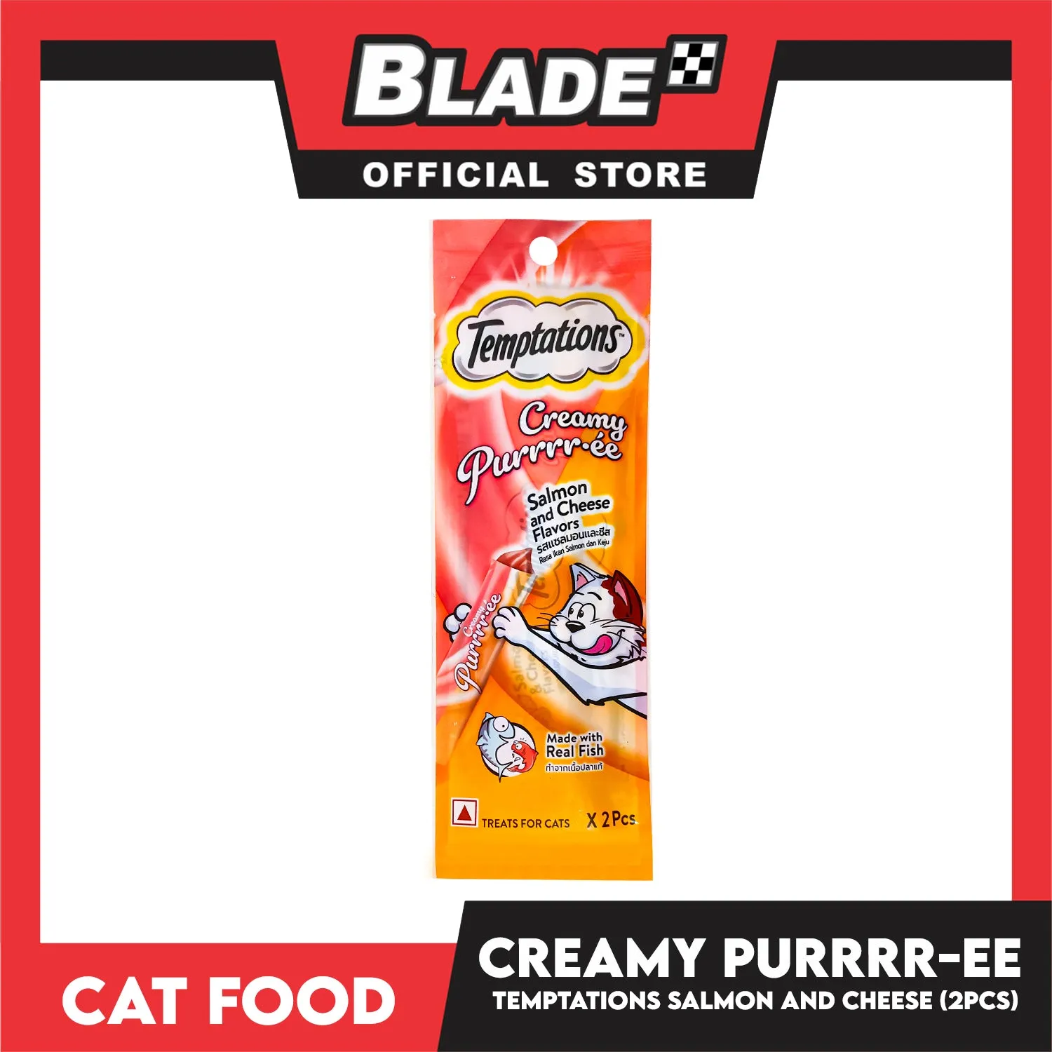 Temptations Creamy Pure Made With Real Fish Lickable Cat Treats 12g x 2pcs Sachets (Salmon And Cheese) Cat Wet Food, Cat Snack
