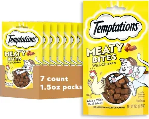 TEMPTATIONS Meaty Bites, Soft and Savory Cat Treats, Chicken Flavor, (7) 1.5 oz. Pouches