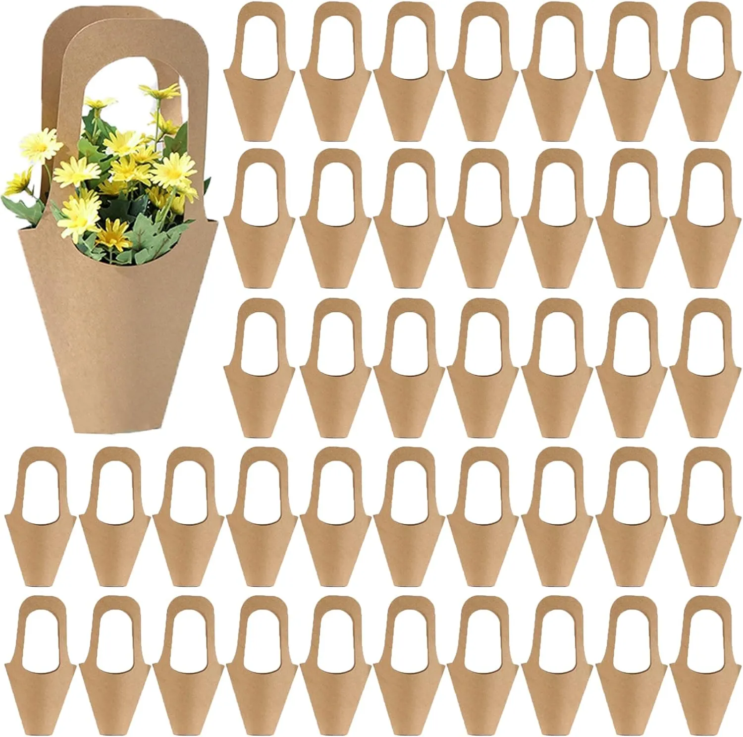 Tergy 50 Packs Kraft Paper Flowers Gift Bags Hanging Bouquet Wrapping Bags for Home Decoration