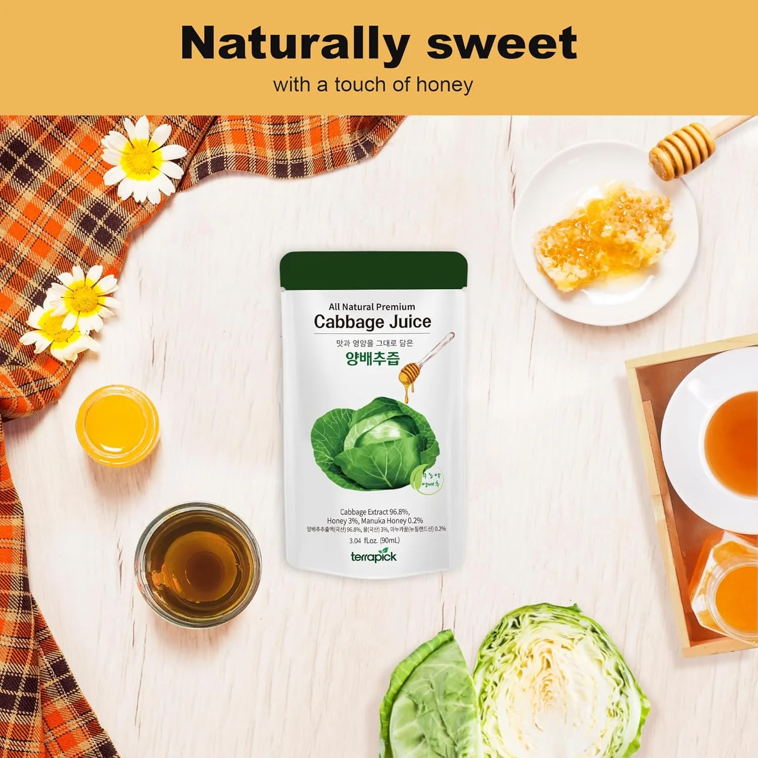 TerraPick Green Cabbage Juice Sweetened with Manuka Honey - Natural Cabbage Extract Juice Vegetable Juice Superfood (3.04 fl oz X 30 pouches)