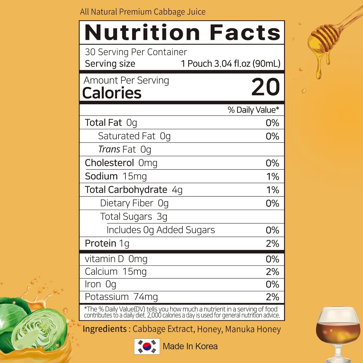 TerraPick Green Cabbage Juice Sweetened with Manuka Honey - Natural Cabbage Extract Juice Vegetable Juice Superfood (3.04 fl oz X 30 pouches)