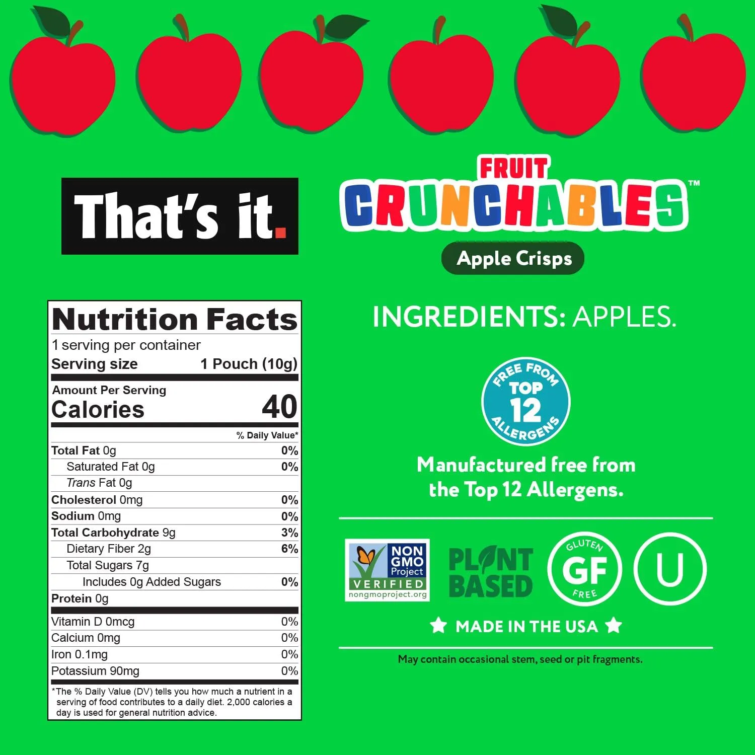 That's it. Fruit Crunchables (15 Pack) Apple Crisps healthy snacks for kids, Plant-Based, Non-GMO, Gluten-Free, No Sugar Added - Healthy Snack for lunch box 100% Natural Crunchy Fruit Snack