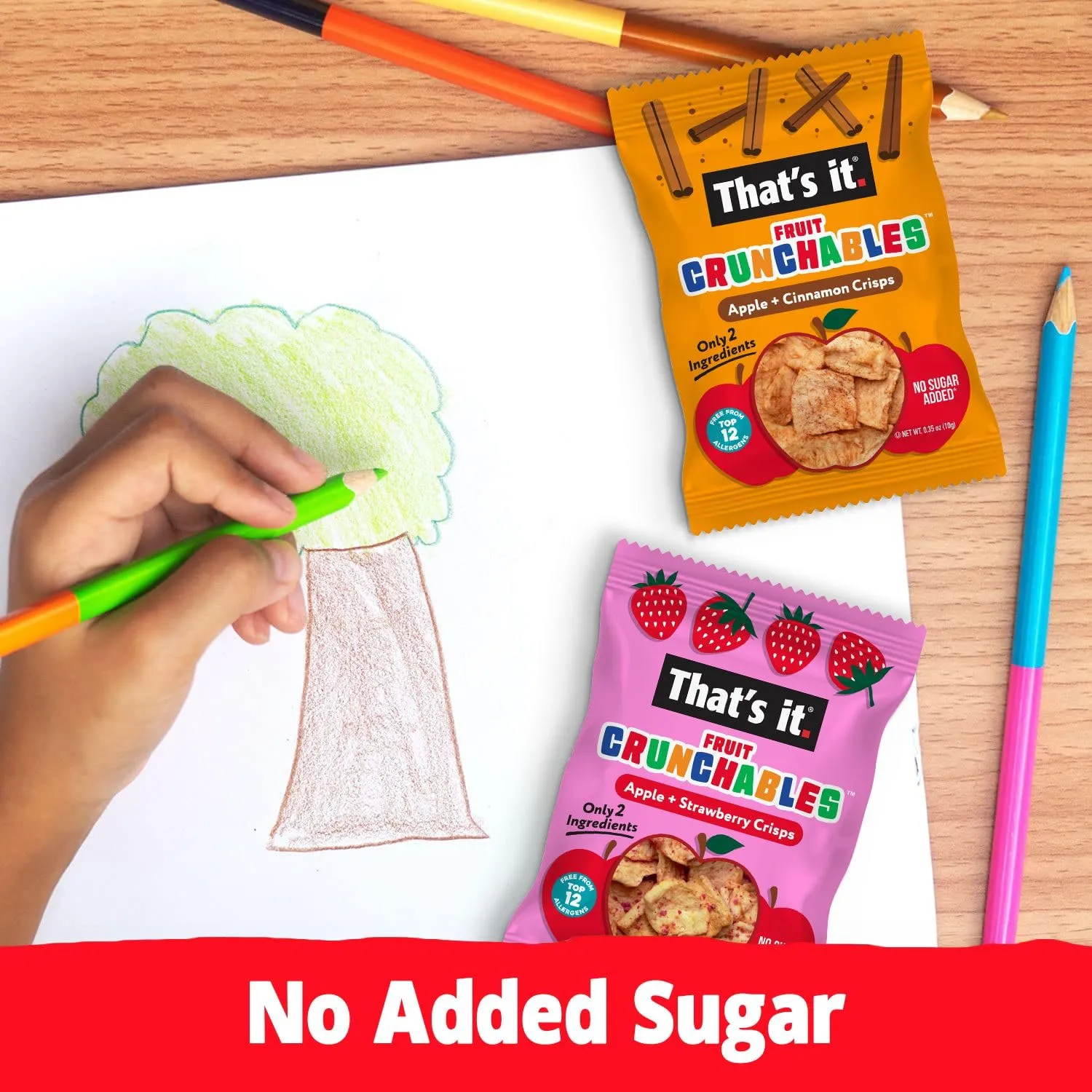 That’s it. Fruit Crunchables Apple   Cinnamon Crisps, 15-Pack – 100% Plant-Based Fruit Snacks for Kids, Non-GMO, Gluten-Free, No Added Sugar, Allergen-Free, Healthy Lunchbox Snack for Kids & Adults