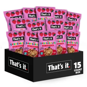 That’s it. Fruit Crunchables Apple   Strawberry Crisps, 15-Pack – 100% Real Fruit Snacks for Kids, Plant-Based, Non-GMO, Gluten-Free, No Sugar Added, Allergen-Free, Healthy Lunchbox Snack