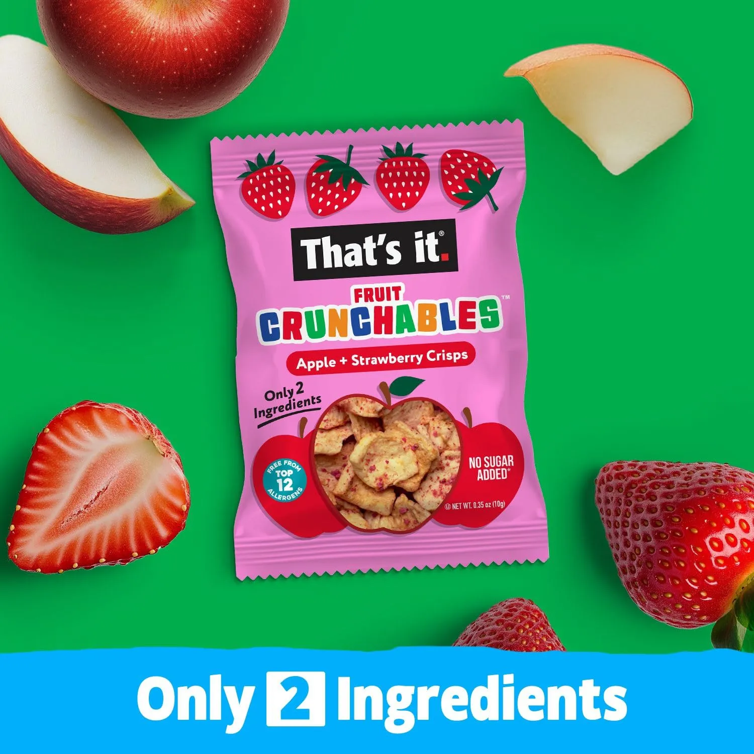 That’s it. Fruit Crunchables Apple   Strawberry Crisps, 15-Pack – 100% Real Fruit Snacks for Kids, Plant-Based, Non-GMO, Gluten-Free, No Sugar Added, Allergen-Free, Healthy Lunchbox Snack