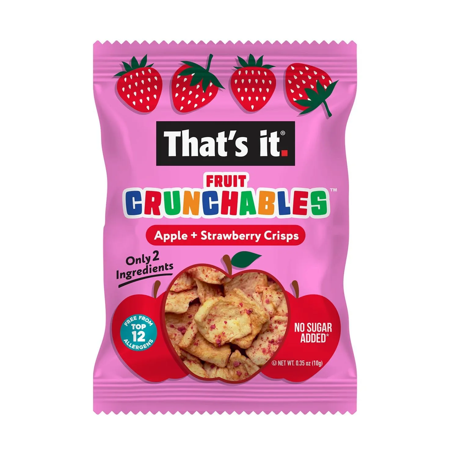 That’s it. Fruit Crunchables Apple   Strawberry Crisps, 15-Pack – 100% Real Fruit Snacks for Kids, Plant-Based, Non-GMO, Gluten-Free, No Sugar Added, Allergen-Free, Healthy Lunchbox Snack