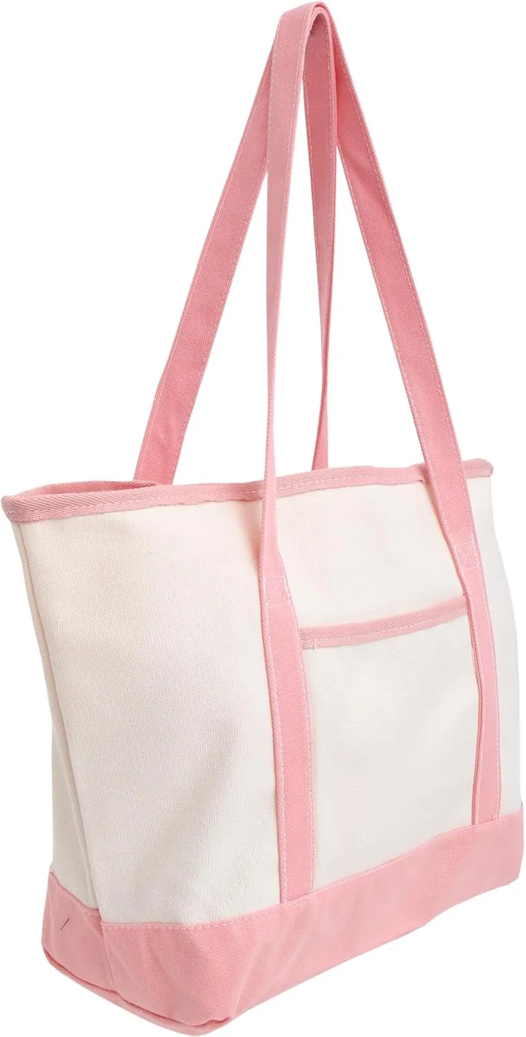 Threadart Personalized with Embroidery Large 100% Cotton Natural Canvas Tote Bag With Light Pink Handles - 18.5"x11.5"x5.5" - 14 oz Canvas - For Women, Shopping, Beach, Getaways, Gifts