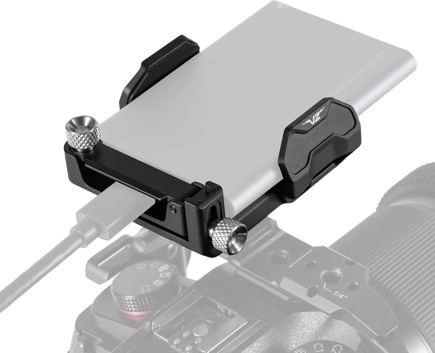 Tilta Universal SSD Drive Holder V2 - Black | Compatible with Most Camera Cages via 1/4"-20 Threads | Extendable Cable Clamp | Rubber Protection | Lightweight, Durable, & Portable