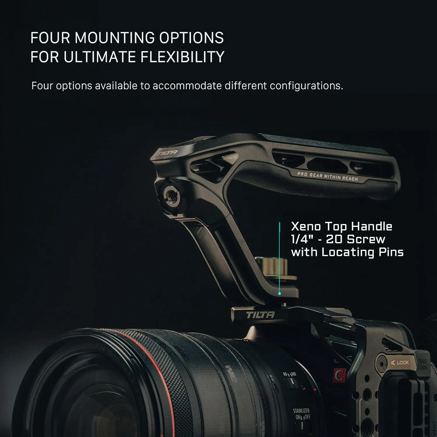 Tilta Xeno Top Handle for Filmmakers & Cameras- Black | Aluminum Alloy and Silicone Build | 1/4″-20 Threads w/Locating Points | Safety Release Pin | Comfortable Handling (1/4"-20 w/Locating Pins)
