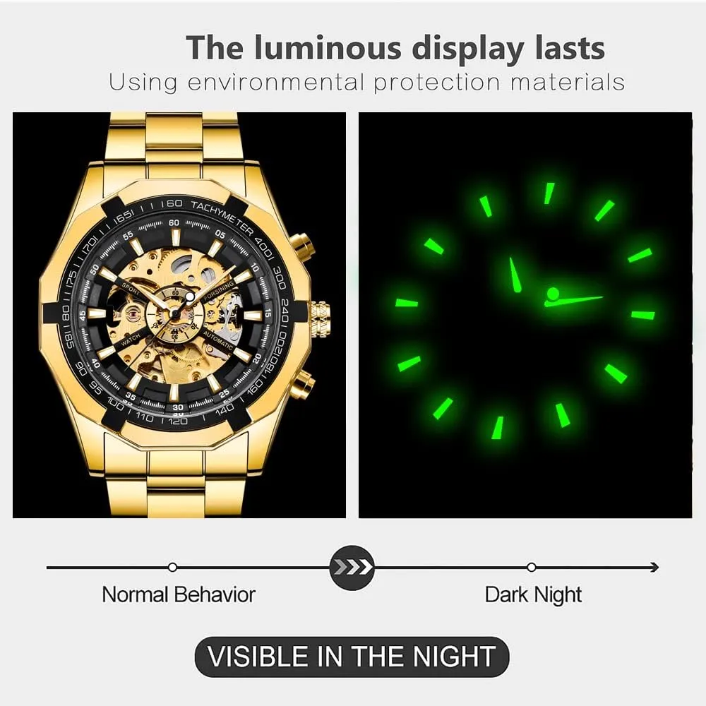 Tiong Men's Mechanical Watch Stainless Steel Men's Luminous Hand Watch, Skeleton Roman Numerals Waterproof Mechanical Watch