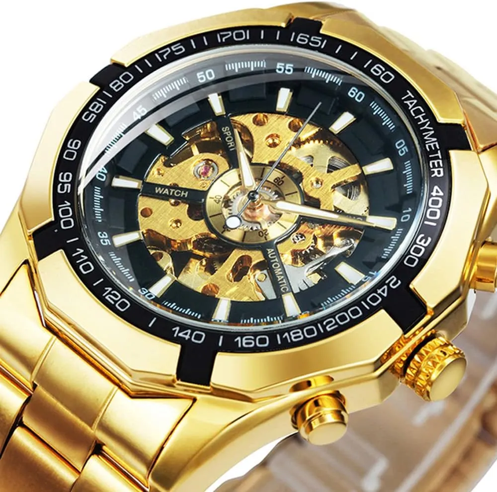 Tiong Men's Mechanical Watch Stainless Steel Men's Luminous Hand Watch, Skeleton Roman Numerals Waterproof Mechanical Watch