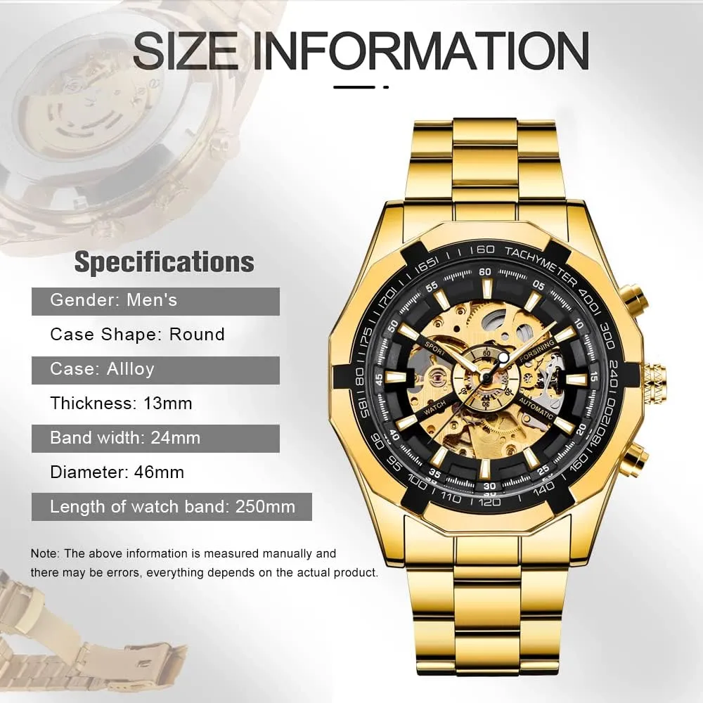 Tiong Men's Mechanical Watch Stainless Steel Men's Luminous Hand Watch, Skeleton Roman Numerals Waterproof Mechanical Watch