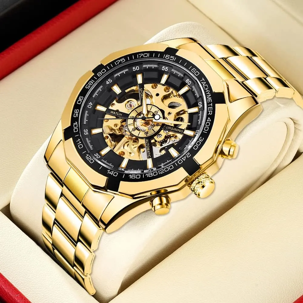 Tiong Men's Mechanical Watch Stainless Steel Men's Luminous Hand Watch, Skeleton Roman Numerals Waterproof Mechanical Watch
