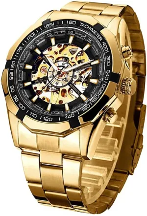 Tiong Men's Mechanical Watch Stainless Steel Men's Luminous Hand Watch, Skeleton Roman Numerals Waterproof Mechanical Watch