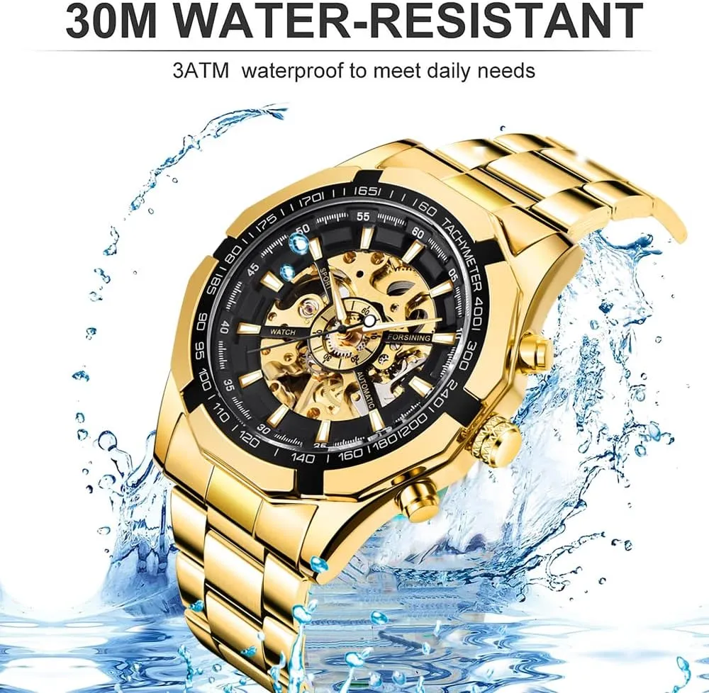 Tiong Men's Mechanical Watch Stainless Steel Men's Luminous Hand Watch, Skeleton Roman Numerals Waterproof Mechanical Watch