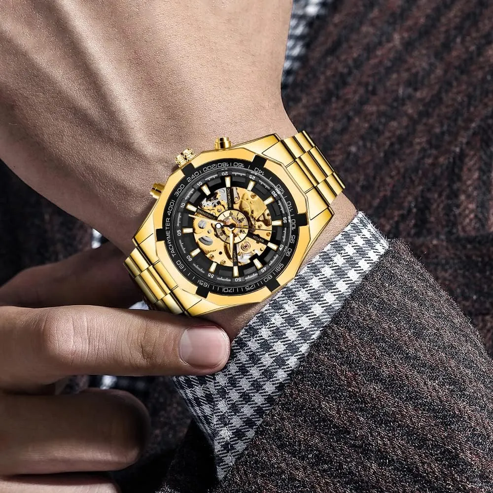 Tiong Men's Mechanical Watch Stainless Steel Men's Luminous Hand Watch, Skeleton Roman Numerals Waterproof Mechanical Watch
