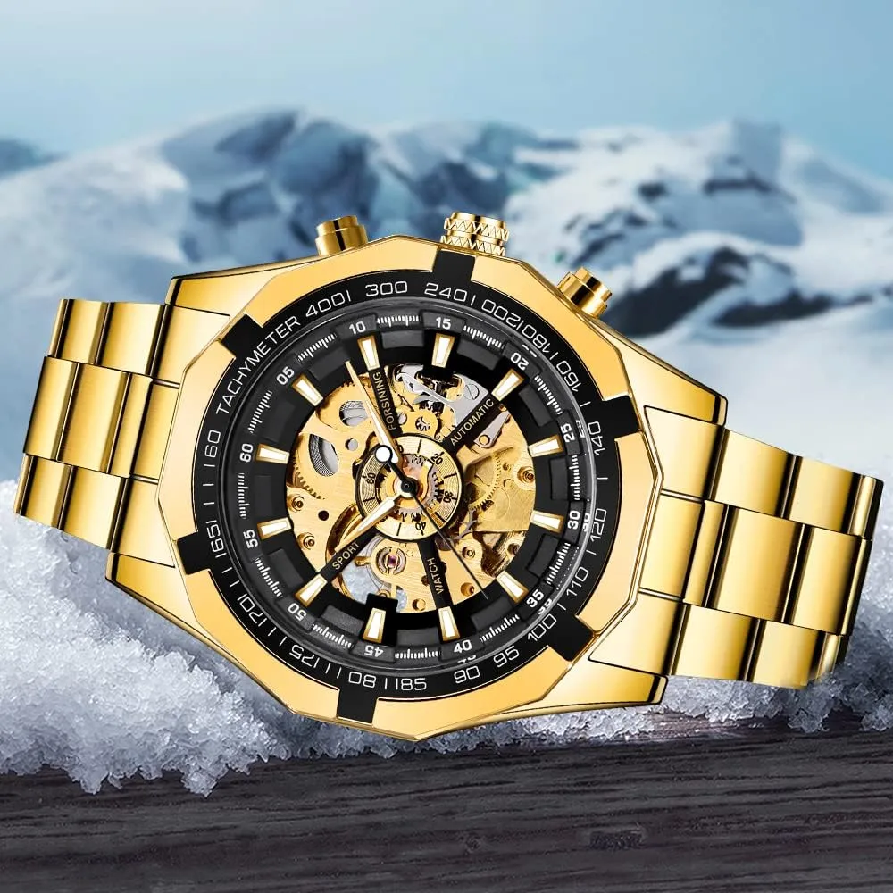 Tiong Men's Mechanical Watch Stainless Steel Men's Luminous Hand Watch, Skeleton Roman Numerals Waterproof Mechanical Watch